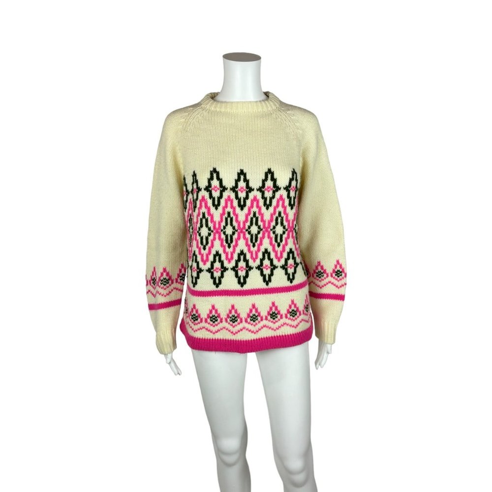 Vintage 60s Embroidered Sweater Pink Green Geometric Pattern Mod Pullover